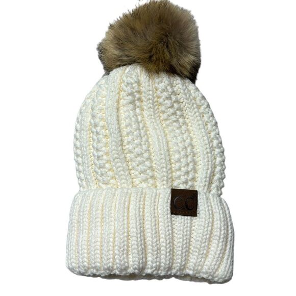 C.C. Winter Sherpa Fleeced Lined Chunky Knit Stretch Pom Pom Hat. - Picture 1 of 7